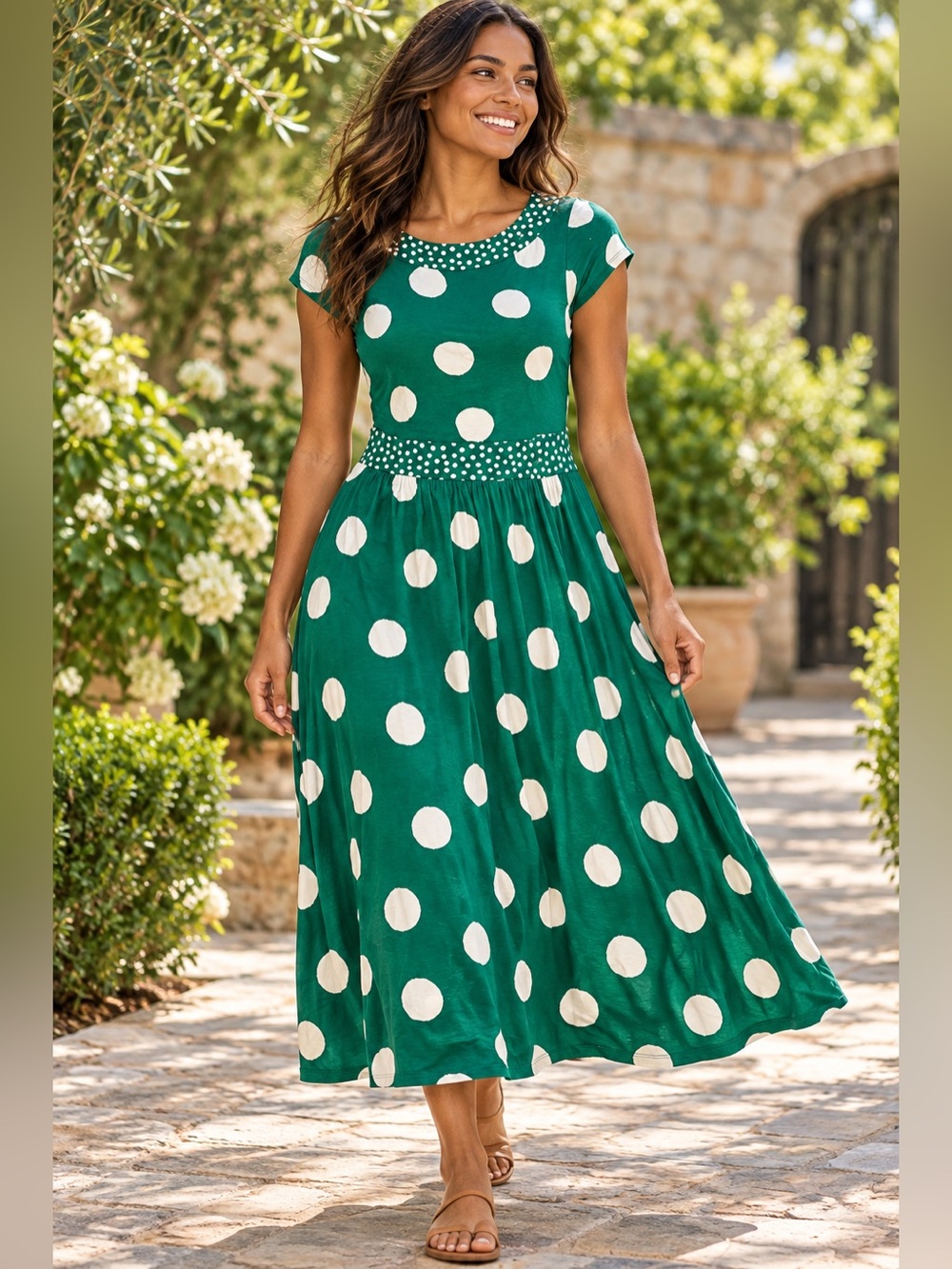Boden Melanie Jersey Midi Dress – Emerald Green & Ivory Polka Dot 6R